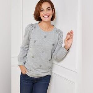 Talbots MP Embellished Ruffle Shoulder Pullover Cozy Sweatshirt in Grey NWT